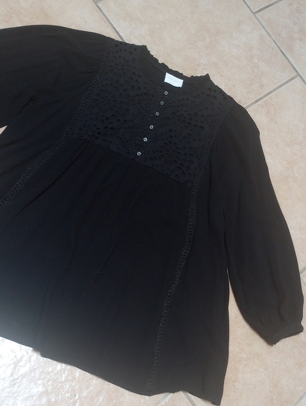 Black Eyelet Yoke Tunic Blouse with Button Front - Picture 6 of 8